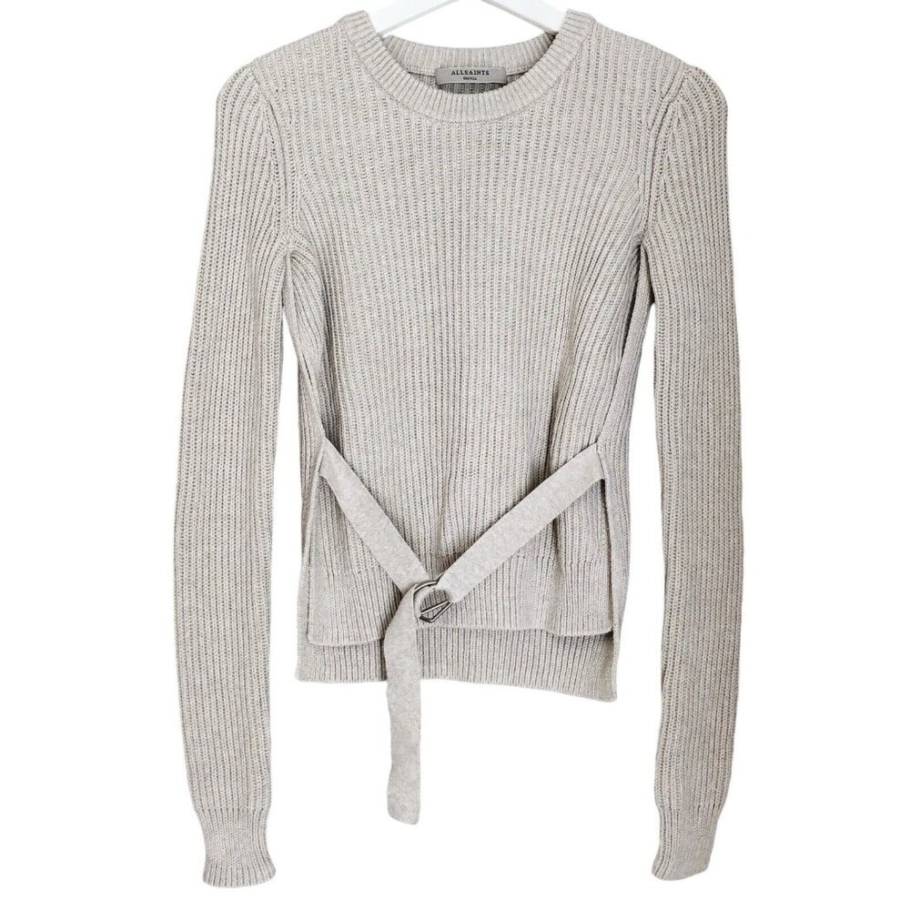 AllSaints East Cotton Jumper Sweater Mist Grey Top Small Ribbed Knit Long Sleeve